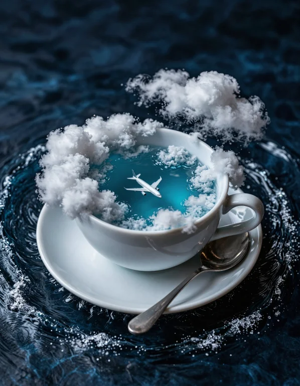 A White Ceramic Cup Rests On A Saucer Atop Swirling Dark Blu...