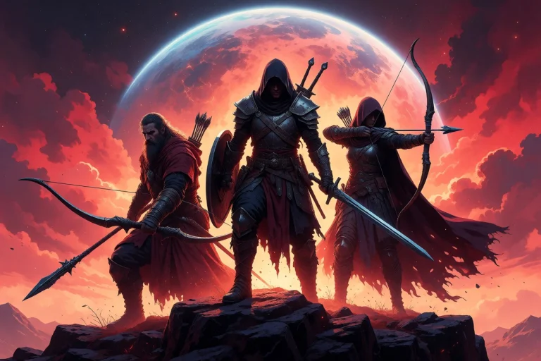 The Image Shows Three Characters From A Fantasy Video Game S...