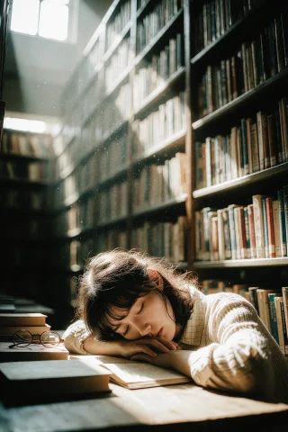 An Afternoon In A University Library, Dappled Sunlight Falli... — Stable Diffusion AI Prompt: An afternoon in a university library, dappled sunlight falling between towering...