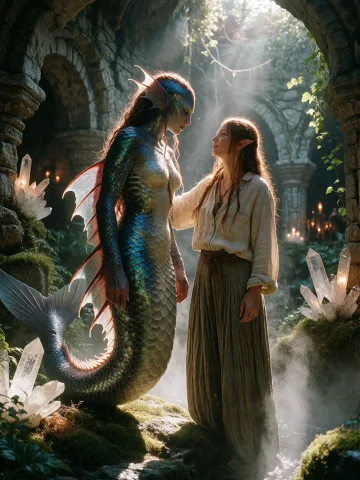 Fantasy Character Deep-water Mermaid With Iridescent Scales... — Stable Diffusion AI Prompt: fantasy character: deep-water mermaid with iridescent scales and a solemn gaze,...
