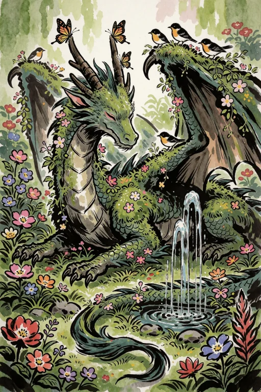 Gentle Dragon Lying In The Middle Of A Lush Garden, Its Body...