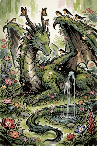 Gentle Dragon Lying In The Middle Of A Lush Garden, Its Body... — Stable Diffusion AI Prompt: gentle dragon lying in the middle of a lush garden, its body partially covered i...