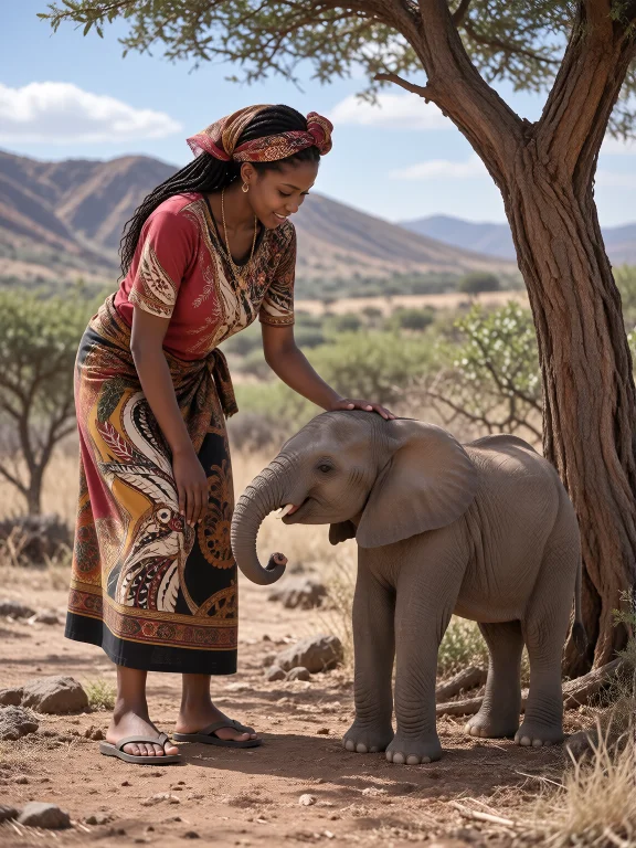 An African Mama Is Watching Over The Small Elephant Under Th...