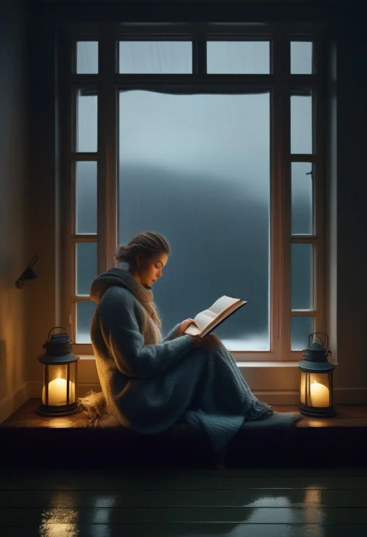 A Woman Reading On A Rainy Window Seat, Lantern Light, Sharp...