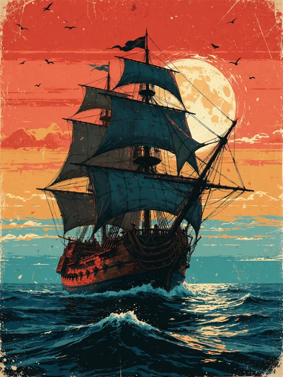 1970s Retro Screenprint Poster Featuring A Tall Wooden Pirat...