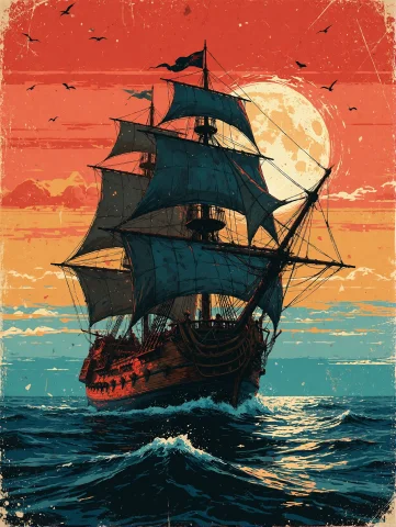1970s Retro Screenprint Poster Featuring A Tall Wooden Pirat... — Stable Diffusion AI Prompt: 1970s retro screenprint poster featuring a tall wooden pirate ship silhouette wi...