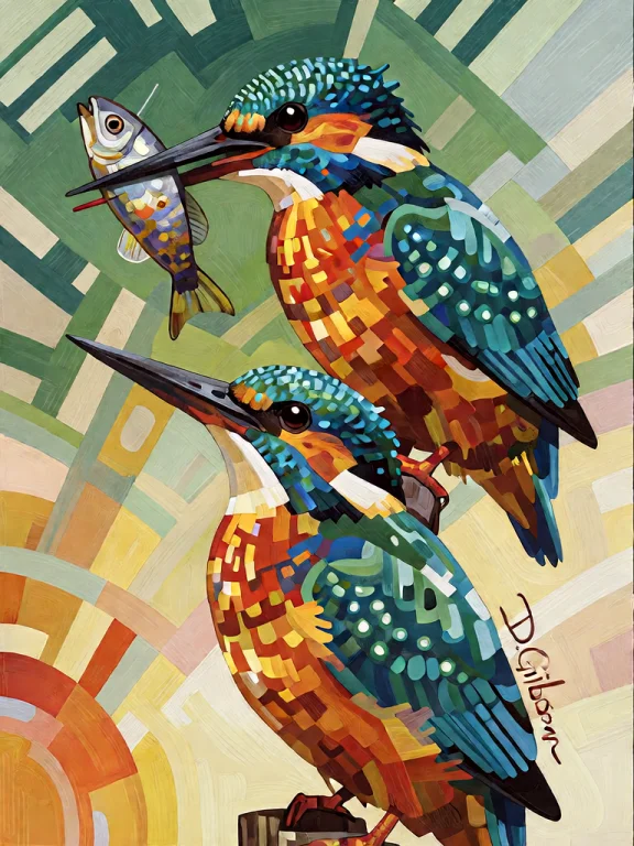 Bradhamel Art Style. Two Vibrant Kingfisher Birds, One Perch...