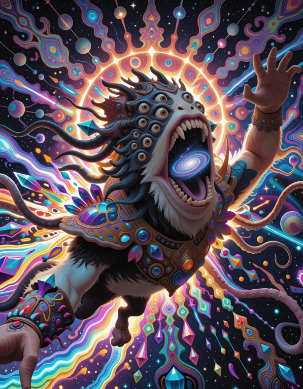 A Fleshy Many-eyed Monster Whose Open Mouth Contains A Spira...