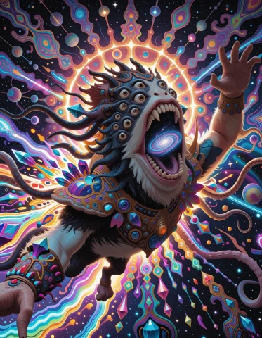 A Fleshy Many-eyed Monster Whose Open Mouth Contains A Spira... — Stable Diffusion AI Prompt: a fleshy many-eyed monster whose open mouth contains a spiraling miniature galax...