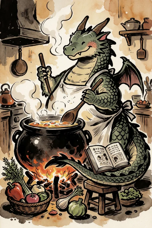Plump, Cheerful Dragon Wearing A Oversized Chefs Apron, Stan...