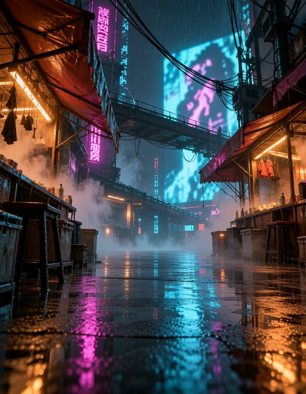 Cyb3r Qu4rt13r, Photorealistic, Main Neon Alley Cut By A Dia...