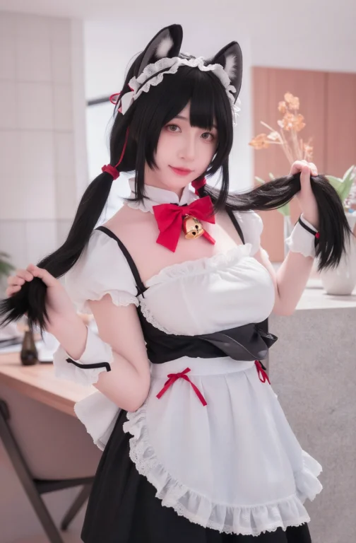 一位年轻美丽的东亚女性,穿着黑白猫耳女仆装,黑色长直发梳成两...