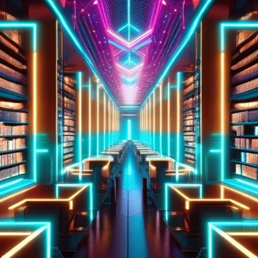 Masterpiece, Best Quality, Neon Futuristic Library, Glowing...