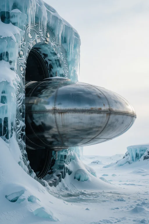 A Metallic Saucer-shaped Vessel Extends From A Carved Ice Do...