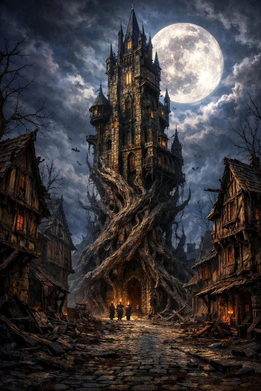 A Towering Dark Fantasy Gothic Tower Rises From A Twisted, O...