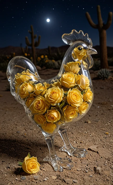 Glass Chicken With A Yellow Rosses Inside It, Desert, Night,