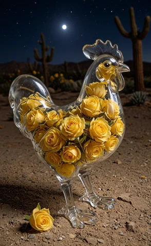 Glass Chicken With A Yellow Rosses Inside It, Desert, Night, — SDXL AI Prompt: glass chicken with a yellow rosses inside it, desert, night,