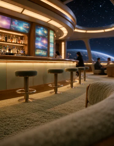 018 F3d3r4t10n Sh1p, Aft Lounge, Ground-level View From Low... — Stable Diffusion AI Prompt: 018 f3d3r4t10n sh1p, aft lounge, ground-level view from low armchair toward curv...