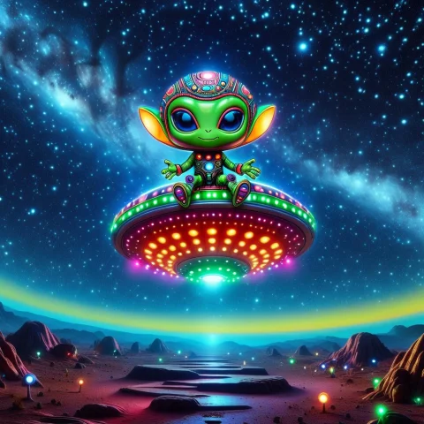 Led, Colorful Led Lights A Chibi Classic Alien On A Flying S... — SDXL AI Prompt: LED, colorful LED lights A chibi classic alien on a flying saucer soaring throug...