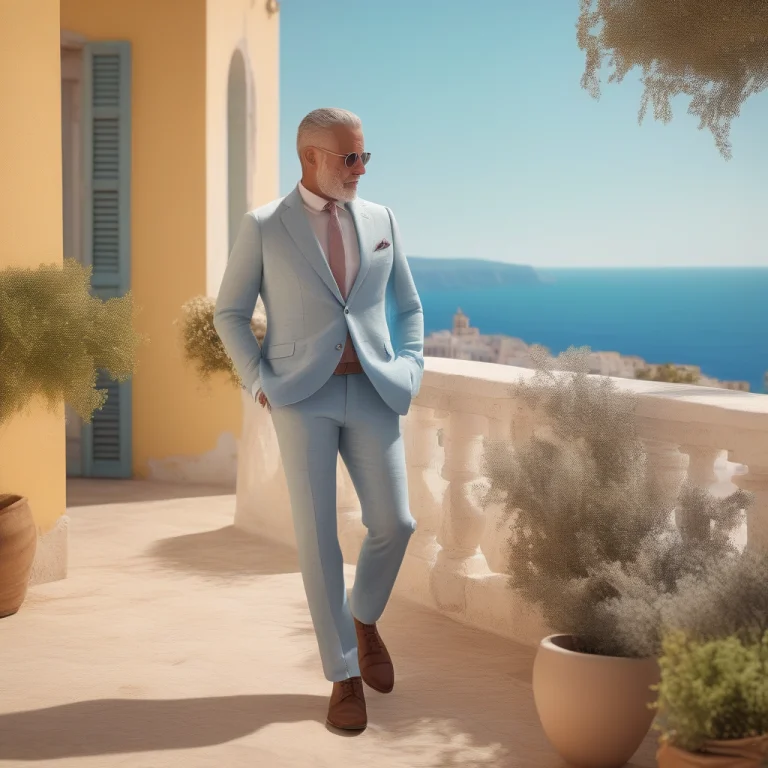 A Linen Suit On A Bright Mediterranean Terrace, Cinematic Ph...