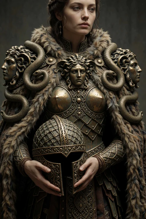 A Woman Stands Holding A Helmet Woven From Bleached Bone Rib...