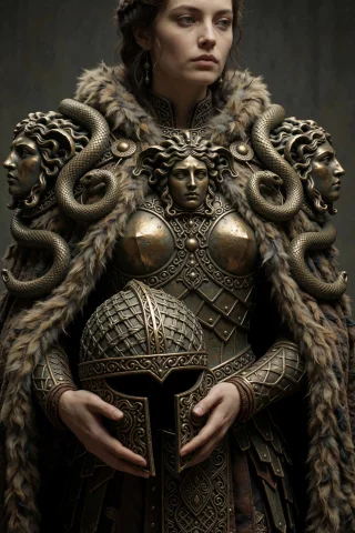 A Woman Stands Holding A Helmet Woven From Bleached Bone Rib... — Stable Diffusion AI Prompt: A woman stands holding a helmet woven from bleached bone ribs, her fur cloak ado...
