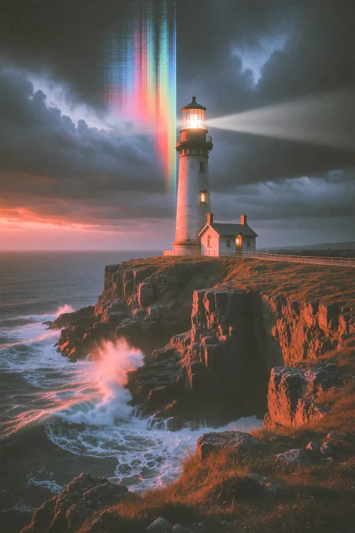 A Solitary Lighthouse Standing On A Rugged Cliff At Dusk, Wa...