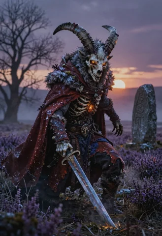 A Towering Spectral Warrior Emerges From The Dying Light Of... — Stable Diffusion AI Prompt: A towering spectral warrior emerges from the dying light of a bruised purple-gre...