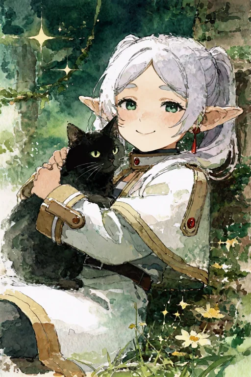 Watercolor Painting, Frieren, Smiling, Holding Black Cat, En...