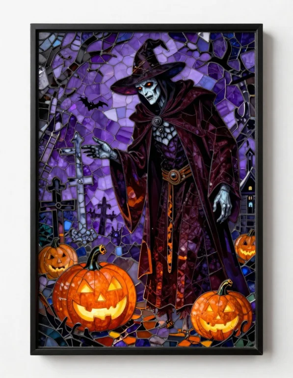 A Spooky Mosaic Art Piece Depicting A Tall Pale Necromancer...
