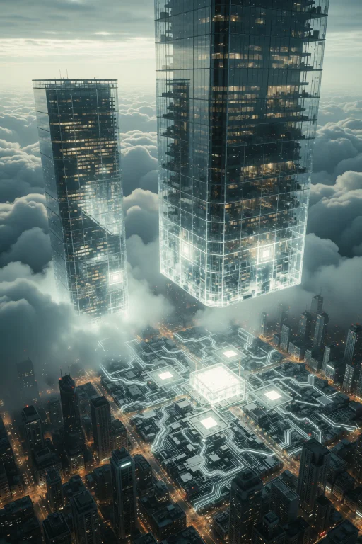 Towering Skyscrapers Made Of Translucent Glass Float Above A...
