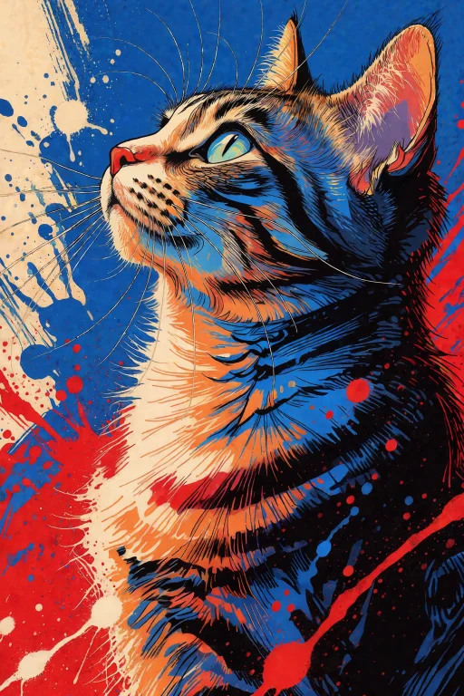 A Striking Graphic Illustration In Profile Of A Cat Looking...