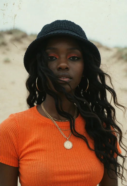 A Dark-skinned Woman Gazes Directly Forward In A Striking Fa...