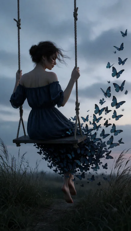 A Woman With Her Back To The Viewer Sits On A Wooden Swing S...