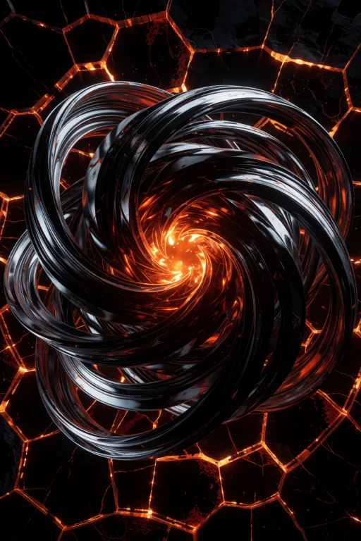 A Swirling Mass Of Chrome And Obsidian Ribbons Twists Around...