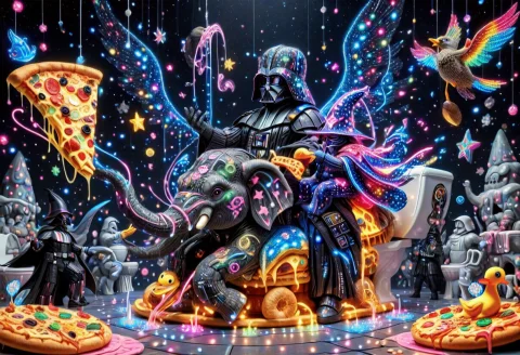 Darth Vader With A Duck Bill. Hes Wearing A Blue Wizards Hat... — SDXL AI Prompt: Darth Vader with a duck bill. He's wearing a blue wizard's hat with pink stars....
