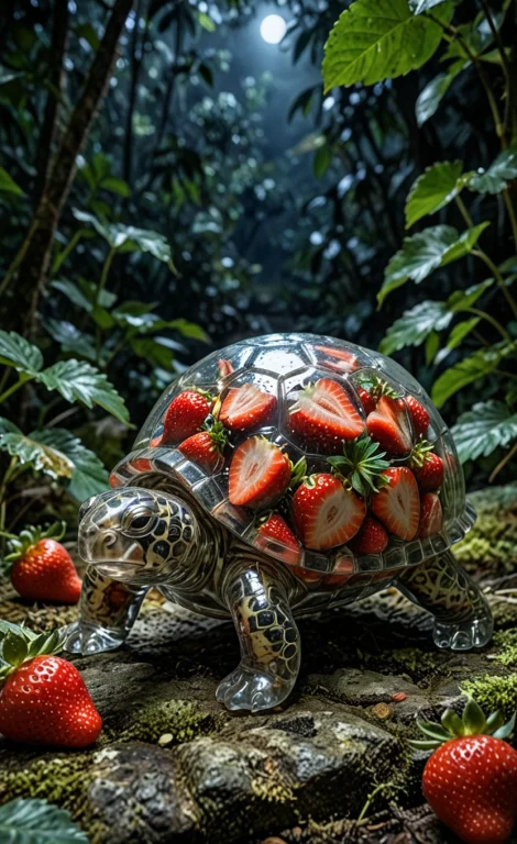Glass Turtle With Strawberry Inside It, Jungle, Night,