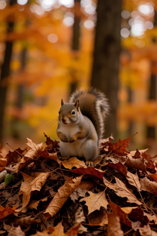 Squirrel In A Pile Of Dead Leaves, Autumn Forest Background