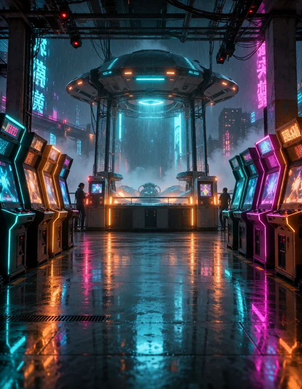 Cyb3r Qu4rt13r, Empty Cyberpunk Arcade, Rows Of Cabinets, On...