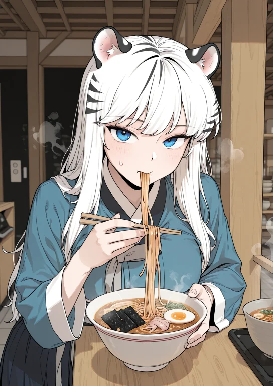 1girl, Solo, Looking At Viewer, Eating A Slice Of Ramen With...