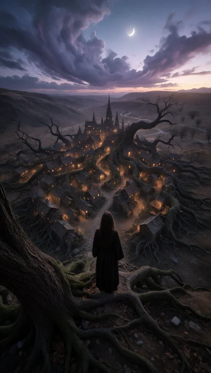 A Lone Young Woman Figure In A Long Dark Robe Stands Atop A...