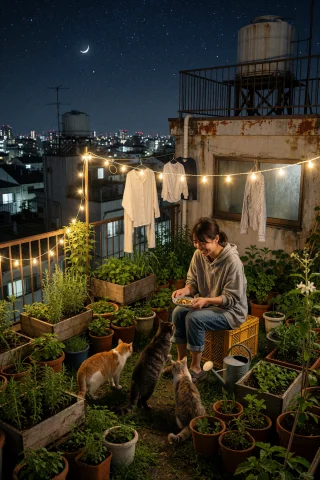 A Small Rooftop Garden On Top Of An Old Apartment Building I... — Stable Diffusion AI Prompt: A small rooftop garden on top of an old apartment building in a Japanese city at...