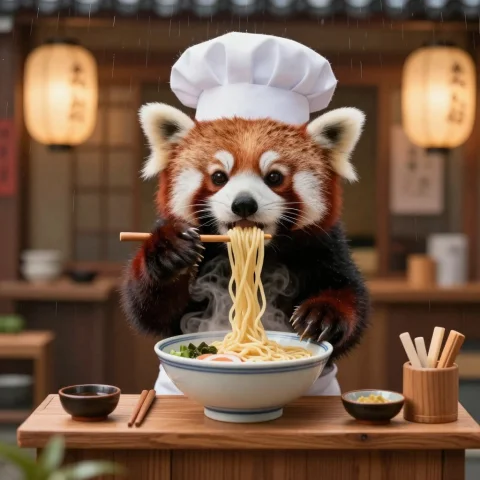 A Hilarious Cinematic Wildlife Photograph Of A Fluffy Baby R... — Stable Diffusion AI Prompt: A hilarious cinematic wildlife photograph of a fluffy baby red panda working as...