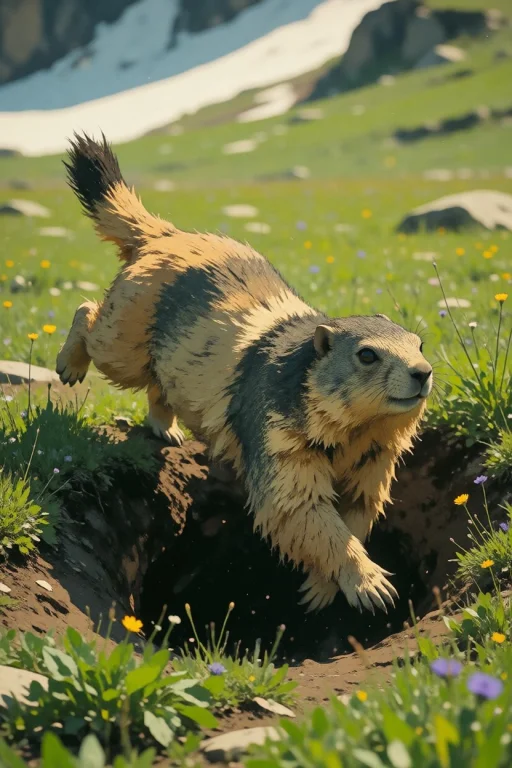 Nature, A Himalayan Marmot Bolting Across A Deosai Meadow To...