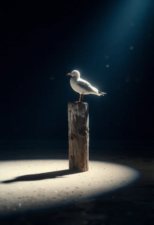 A Single Seagull Stands Atop A Weathered Wooden Post, Struck...
