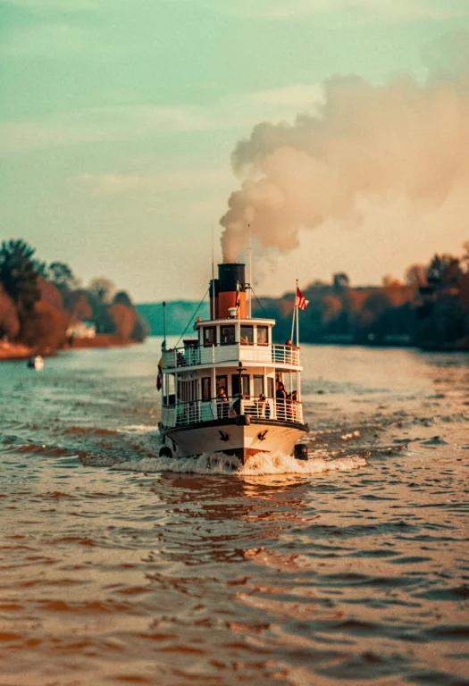A Paddle Steamer Churning Down A Wide River, Shallow Depth O...