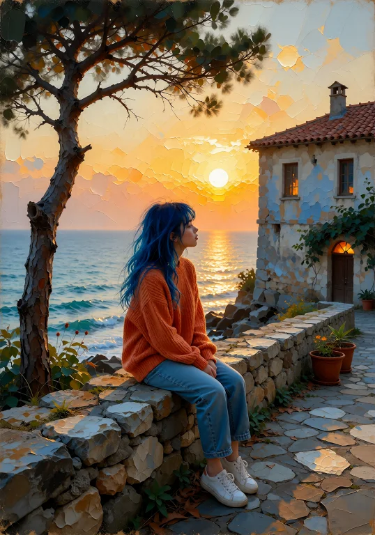 A Cute And Disheveled Girl Sitting On A Weathered Stone Wall...