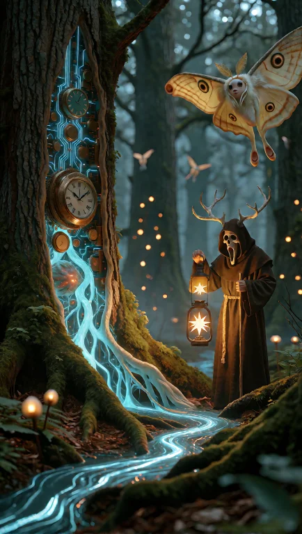 A Dense Ancient Forest Where Tree Trunks Split Open To Revea...