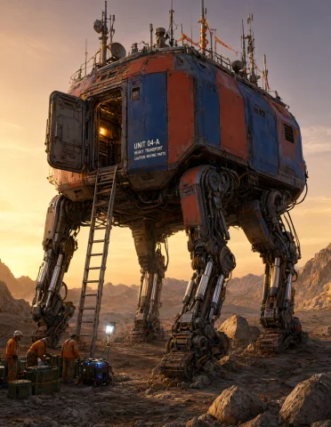 A Massive, Futuristic, Walking Dwelling Is Parked Confidentl... — Stable Diffusion AI Prompt: A massive, futuristic, walking dwelling is parked confidently across a rugged, r...