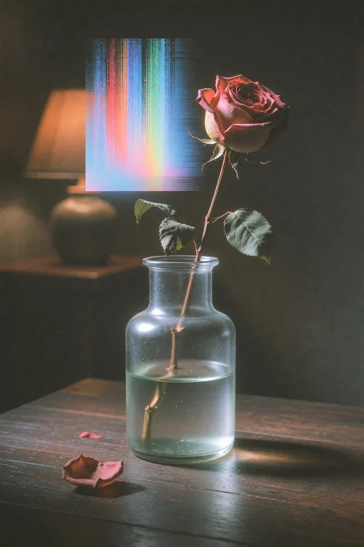 A Still Life Composition Featuring A Single Dried Rose In A...